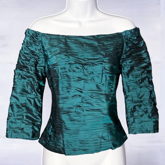 Vintage Chetta B Teal Silk Ruched Off Shoulder Party Top Size 4 Bloom Noviello - Picture 2 of 8